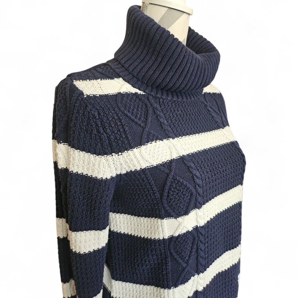 Nautical Striped Cable Knit Coastal Sweater Chunky Turtleneck Navy & White Small
